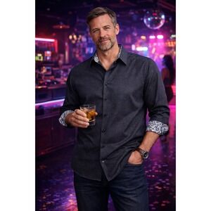 Level Ten Button Down Shirt Mens 2XL Black Geometric Modern Fit Excellent